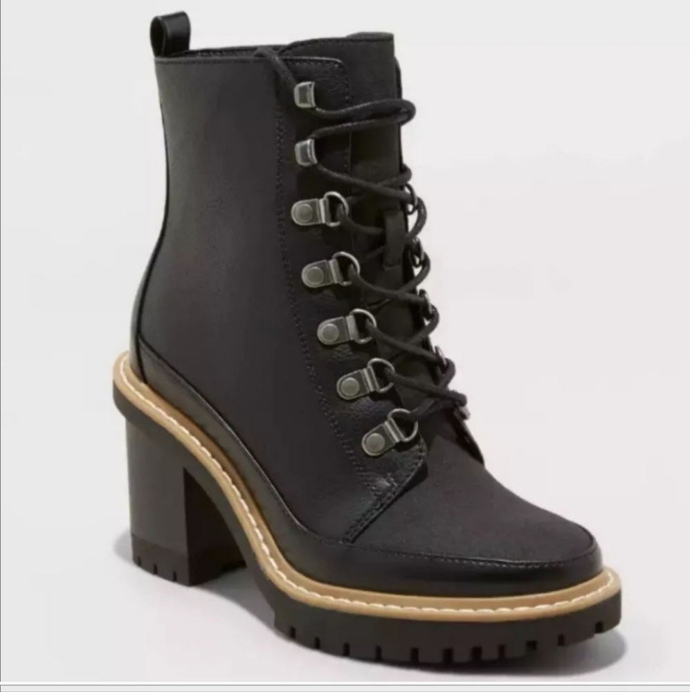Tessa Women Black Faux Leather 3" Heel Combat Winter Boots